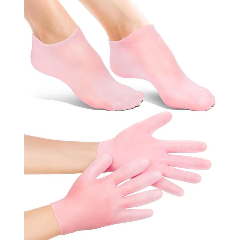 Gorgeous 2 Pairs of Silicone Moisturizing Glove Socks Set! These Anti Slip Soft Spa Gel Socks are amazing for Softening Feet with Dry Cracked Skin. Ideal for Women's Spa Pedicure Socks, softening both Foot and Hand.