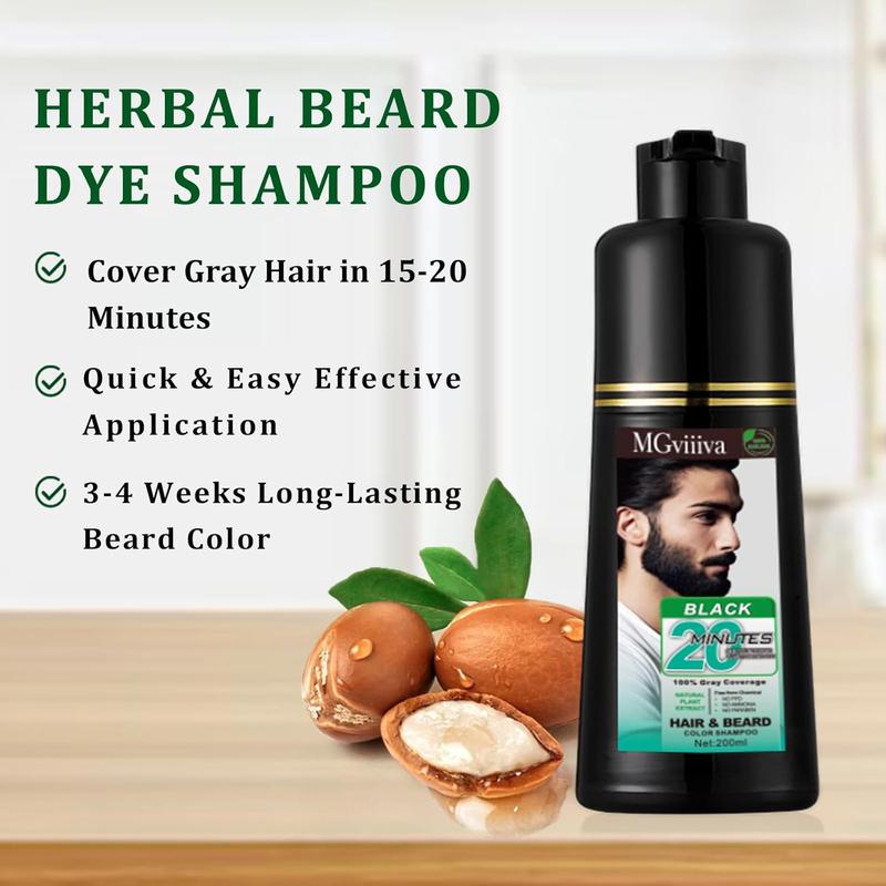 Men's 3-in-1 Black Beard & Hair Dye Shampoo,Instant Grey Darkening Beard Color Shampoo in 20 Minutes,Simpler Gray Reducing Mustache & Beard Dye for Men,with Plant Extract for Healthy Facial Hair,Hair Color for Men Haircare Product(200ml)