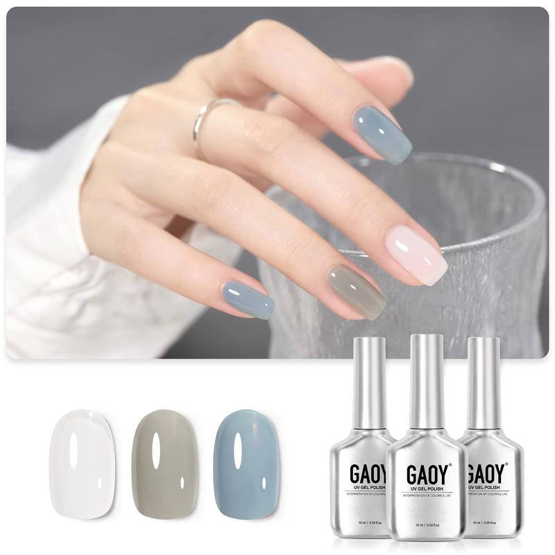 GAOY Gel Nail Polish Kit, 3 Colors 16ml Jelly Nude Milky White Blue Gray, Sheer Soak Off UV Gel Polish Set - Cloudy Coast