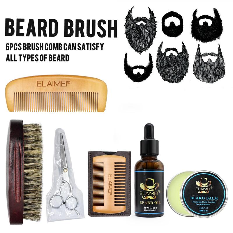 Men's Beard Care Kit, 6 Counts set Beard Comb & Brush & Double Comb & Scissors & Beard Oil & Beard Cream, Beard Grooming Kit for Men