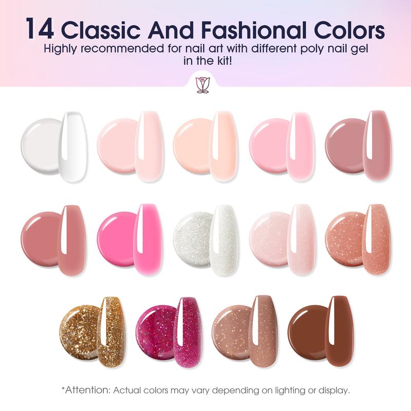 ROSALIND Poly Nail Gel Kit -14 Colors + 67 Nail Art Accessories kitClear Pink Glitter Gel Builder with Mini U V Nail Lamp Starter Poly Nail Gel Kit