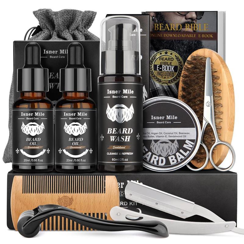 Beard Kit for Men,Beard Gift Kit, Beard Care Kit, Isner Mile Beard Grooming Kit, 9 in 1 Set with Shampoo Wash, Beard Care Oil, Balm, Brush, Comb, Scissors & Storage Bag, Perfect Birthday Christmas Gifts for Him Men Dad Father Boyfriend