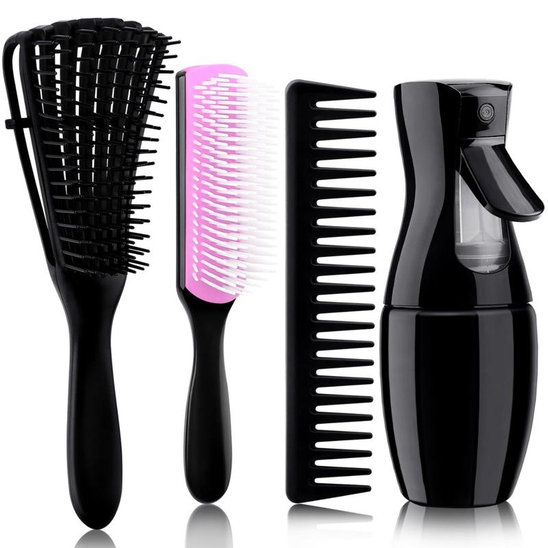 4 count(3+1) Curly Hair Brush Set, Wet or Dry, Detangling with Spray Bottle, Wide Comb, Other Style 4 counts for 3 4ABC with Wide Tooth Comb