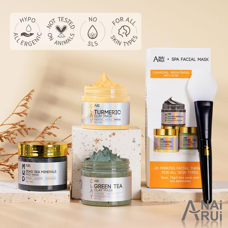 ANAiRUi 3 in 1 Face Clay Mask Set - Turmeric, Green Tea, Dead Sea Mud Clay Mask for Deep Cleansing, Oil Controlling, Comfort Skincare Mask Gifts Set