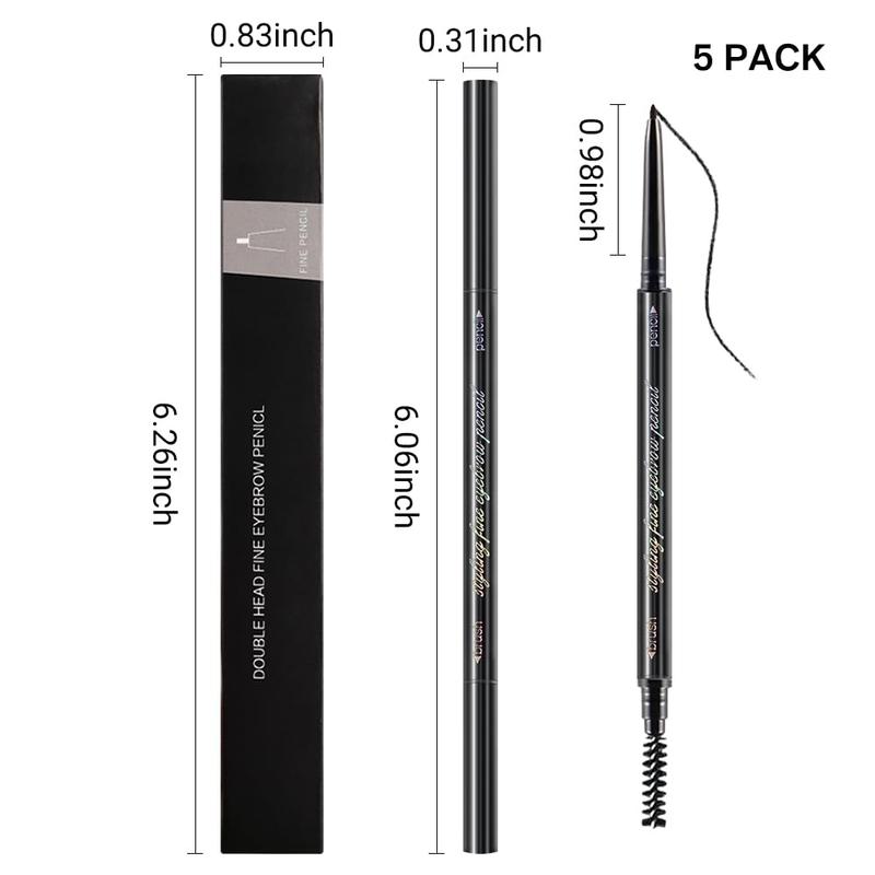 5 Pcs Waterproof Dual-Sided Fine Tip Brow Pencils Pack,Ultra-Fine Mechanical Pencil,Draws Tiny Brow Hairs, Defines, Fills Brows, Shapes, Contours, Combs, (Pack of 5)-Black