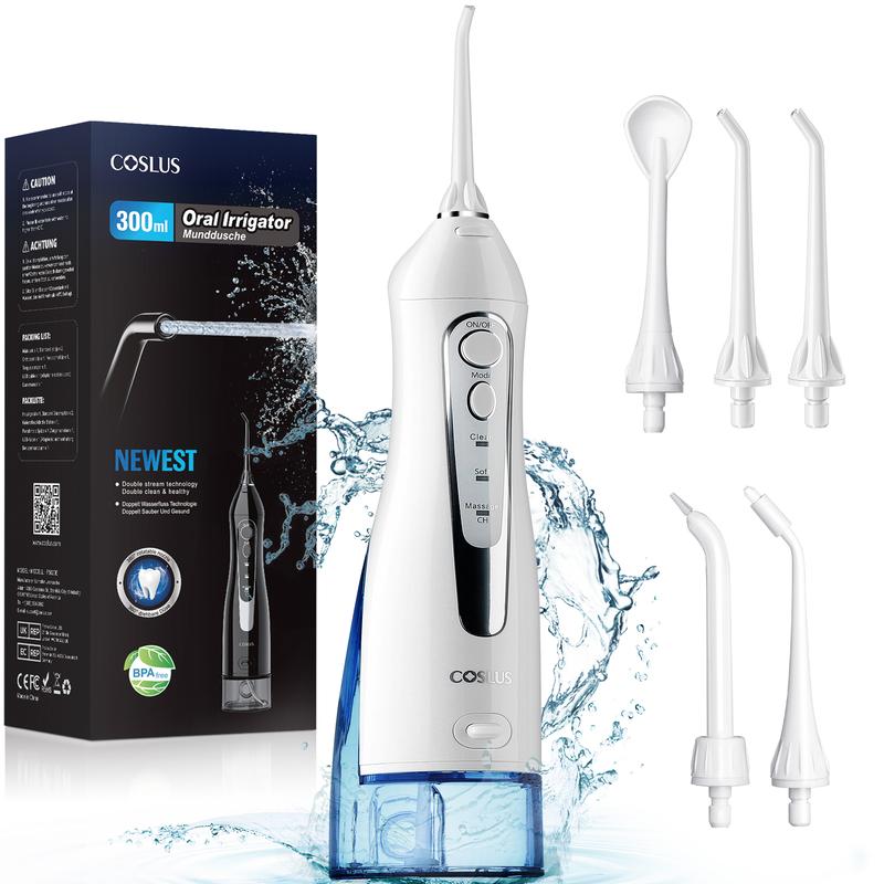 COSLUS Water Dental Flosser Cordless: 5 Replacement Heads with 300ML Super Large Tank, Dual-Thread Stream. Effectively Removes 99.99% Plaque for Improved Gum Health and Oral Freshness. 30 Day Battery Life, IPX7 Waterproof.