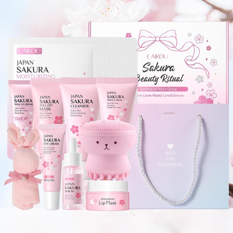 Sakura Skin Care Kit, Facial Cleanser & Cream & Eye Cream & Serum & Lip Mask & Mask & Primer & Peeling Mask & Towel & Brush & Gift Bag