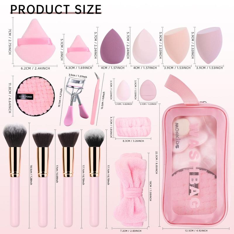 Makeup Tool Set, 1 Set Makeup Brush & Makeup Sponge & Powder Puff & Cleaning Sponge & Headband & Eyelash Curler & Tweezers & Makeup Bag, Makeup Accessories