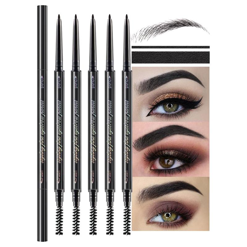 5 Pcs Waterproof Dual-Sided Fine Tip Brow Pencils Pack,Ultra-Fine Mechanical Pencil,Draws Tiny Brow Hairs, Defines, Fills Brows, Shapes, Contours, Combs, (Pack of 5)-Black