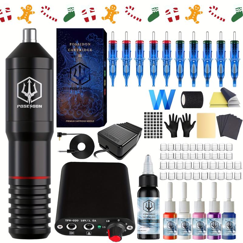 Poseidon Tattoo Suit, Rotary Tattoo Pen Suit, Containing 10 Tattoo Needles, Professional Tattoo Machine Set Suit, with Power Supply, 6 Colors Tattoo Ink, with Foot Pedal Tattoo Gun, Suitable for Artists