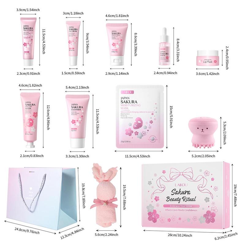 Sakura Skin Care Kit, Facial Cleanser & Cream & Eye Cream & Serum & Lip Mask & Mask & Primer & Peeling Mask & Towel & Brush & Gift Bag