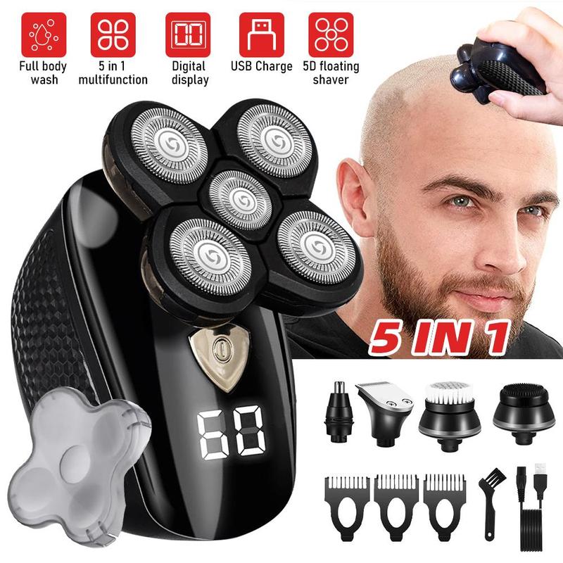 5 in1 Rotary Electric Shaver LCD Rechargeable Bald Head Hair Beard Trimmer Razor Wet Dry, Detachable Head Shavers, SHPAVVER 5D Electric Razor Waterproof for Bald Men, Wet Dry LED Display Rechargeable Rotary Shaver Grooming Kit, Mens Gift