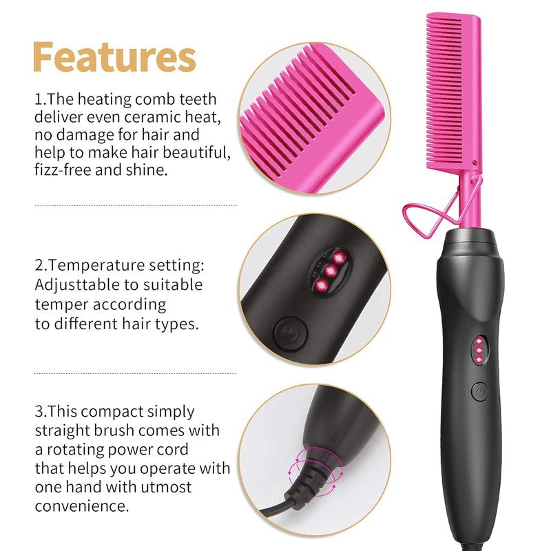 Hot Comb Hair Straightener Heat Pressing Combs - Ceramic Electric Hair Straightening Comb, Curling Iron for Natural Black Hair Beard Wigs Holiday Gift - Pink 5 In1 Lightweight Durable Smooth Comfort