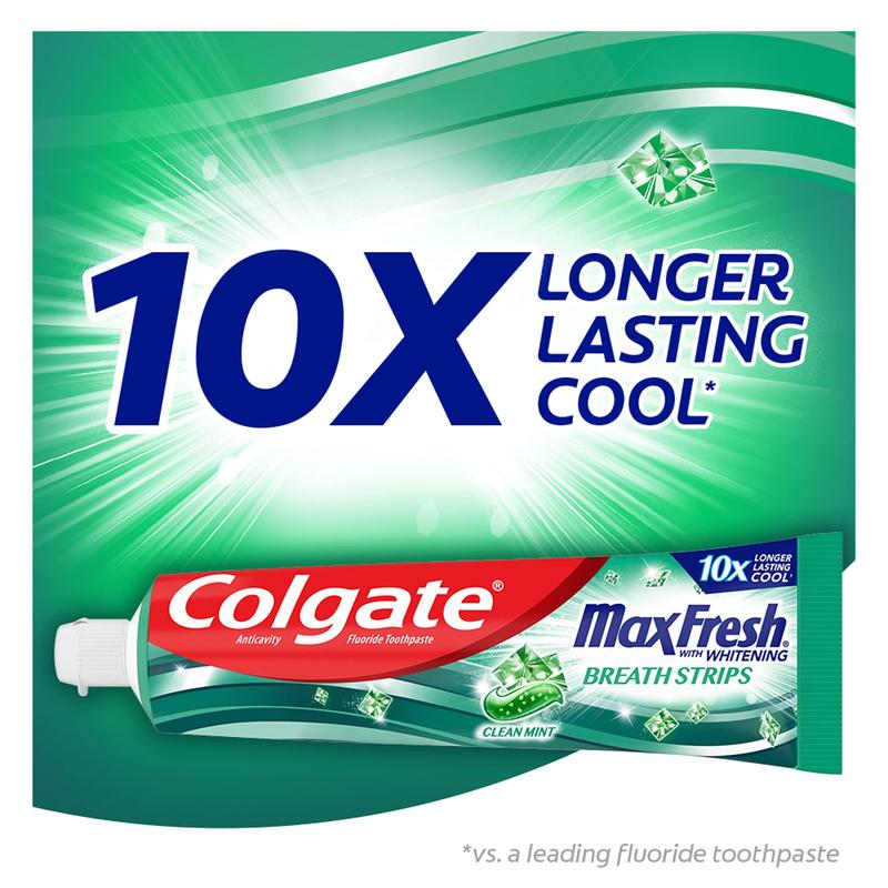 Colgate Max Fresh Whitening Toothpaste with Mini Strips, Clean Mint Toothpaste for Bad Breath, Helps Fight Cavities, Whitens Teeth, and Freshens Breath, 6.3 Ounce (Pack of 4)