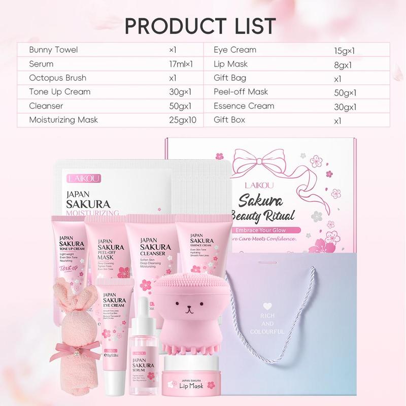 Sakura Skin Care Kit, Facial Cleanser & Cream & Eye Cream & Serum & Lip Mask & Mask & Primer & Peeling Mask & Towel & Brush & Gift Bag