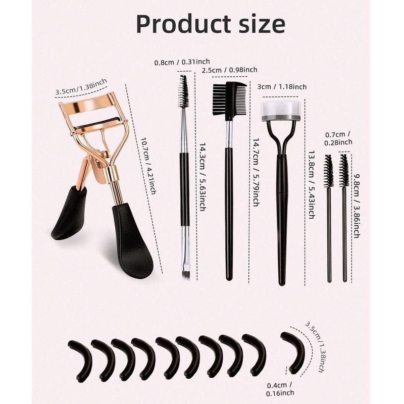 Eyelash Curler & Eyebrow Brush & Comb & Silicone Pad Set, 16pcs set Durable Eyelash Curler & Accessories, Professional Makeup Tools for Women