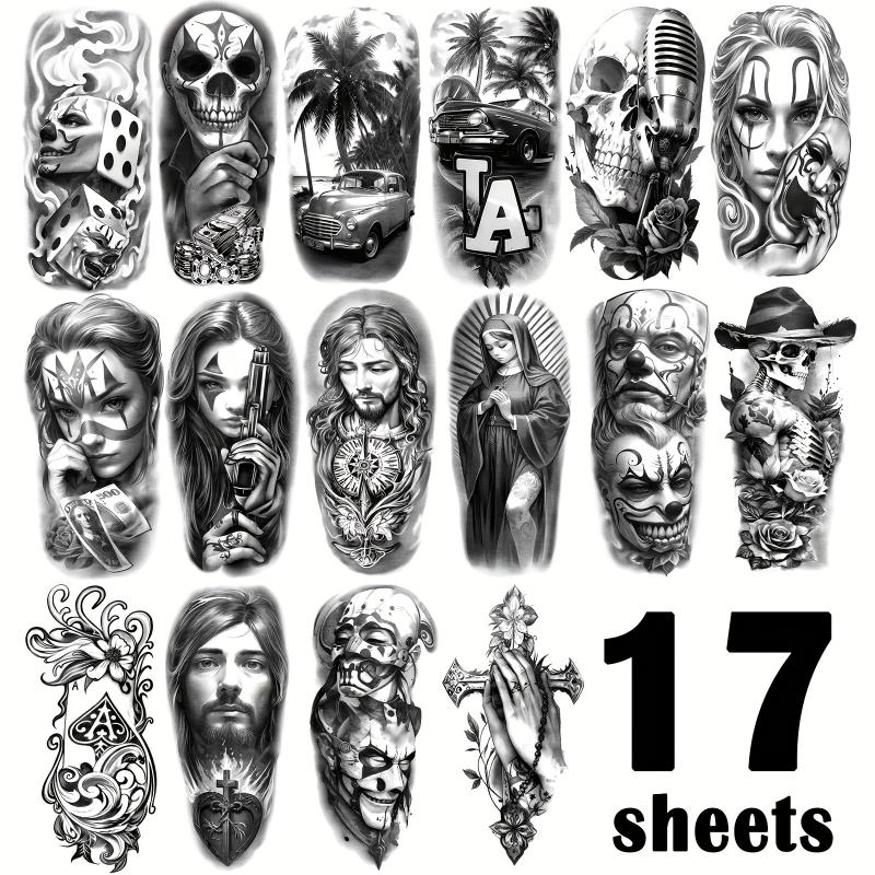 Realistic Chicano & Guadalupe Gangster Temporary Tattoos - Waterproof, Long-Lasting Fake Tattoo Stickers for Men & Women, Perfect for Day of the Dead Fashion personality tattoo stickers