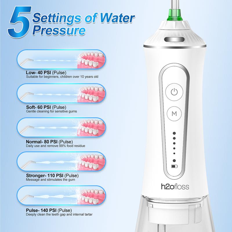 h2ofloss Water Dental Flosser 300ML Watertank & Whitening Tablet lPX7Waterproof Plus 5 Modes,Cordless Oral lrrigator P11-white