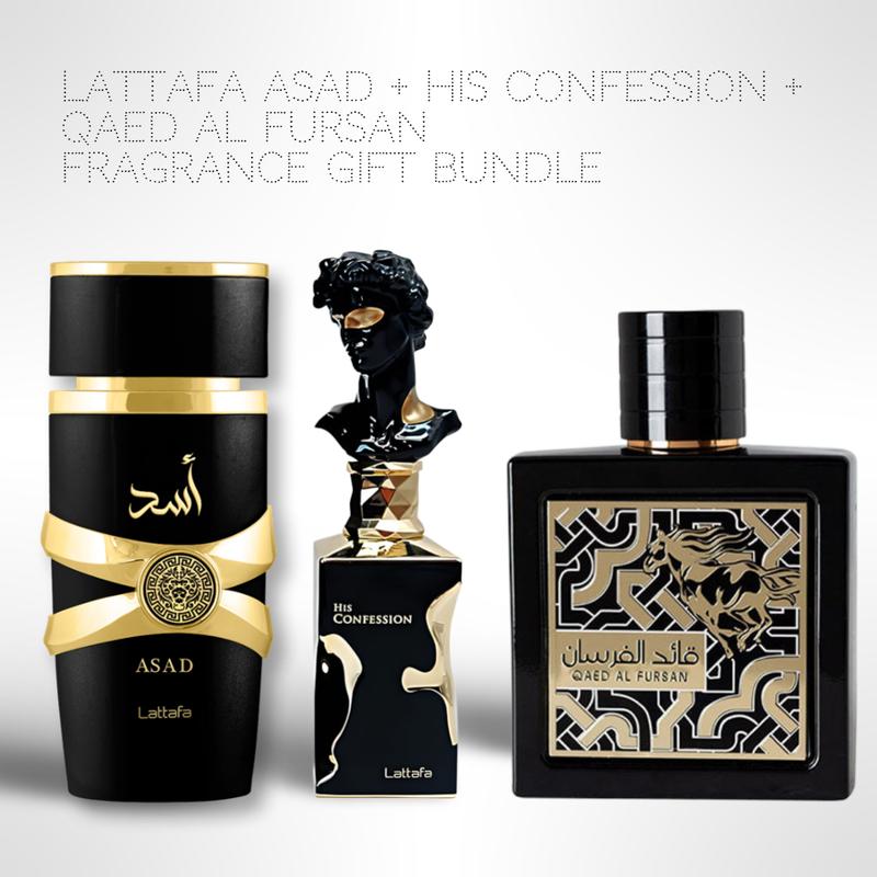 Lattafa Perfume Asad + His Confession + Qaed Al Fursan 100ml (3.4oz) fragrance Gift Bundle