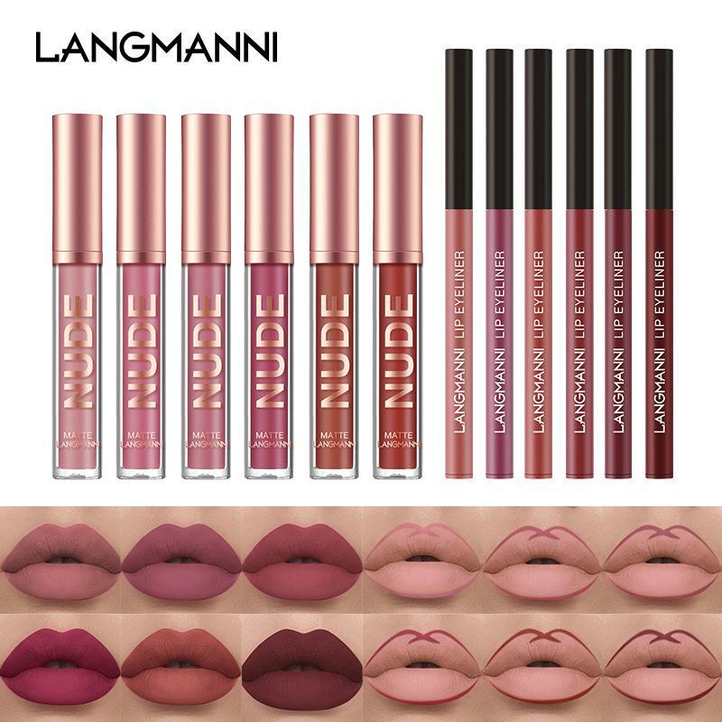 LANGMANNI Matte Lip Gloss & Lip Liner Makeup Set, 12pcs Natural Long Lasting Easy Coloring Lip Makeup Kit, Lip Shades, Lip Cosmetic Gift