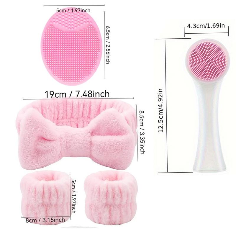 Double-sided Facial Cleansing Tool Set, 5 Counts set Including Headband and Wristbands & Face Detail Cleansing Brush, Manual Massage Brush