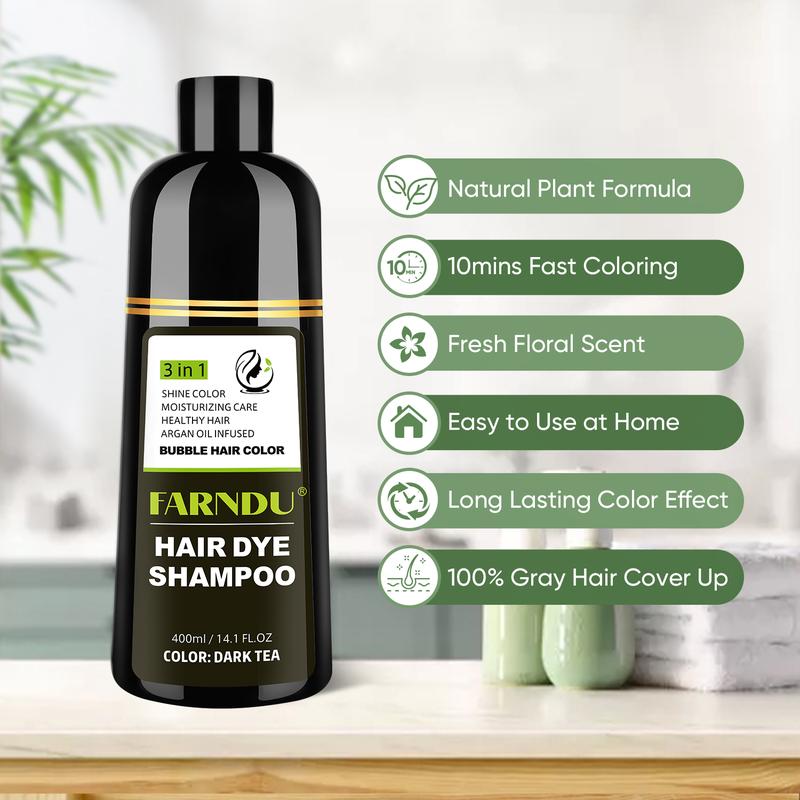 FARNDU-Hair Dye Shampoo(Buy 1 Get 7), Gray Hair Coverage, 3 in 1 (+Shampoo+Conditioner), Multiple Colors Available, 10 Mins Hair Color, Glossy and bright, For Men & Women, Long Lasting, Plant extracts, Fruity aroma Ammonia-Free Mild (400 mL)-Dark Tea