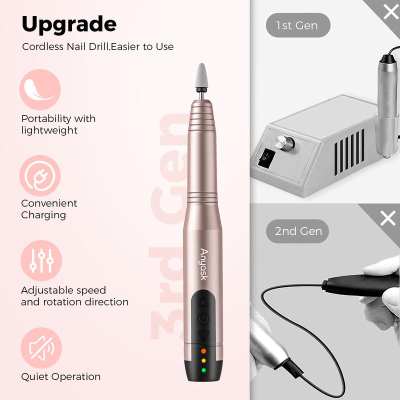 Anyask Cordless Electric Nail Drill Machine 11 in 1 Kit 25000RPM Portable Rechargeable Nail Efile Set for Acrylic Gel Dip Powder Nails Nail Art Cutics [ back to school]