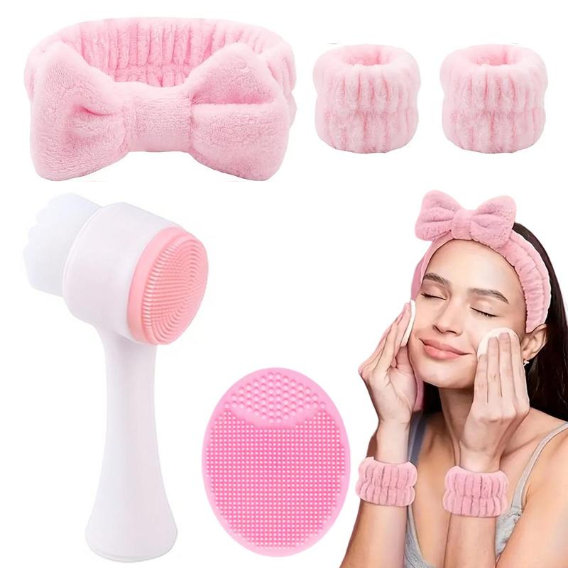 Double-sided Facial Cleansing Tool Set, 5 Counts set Including Headband and Wristbands & Face Detail Cleansing Brush, Manual Massage Brush