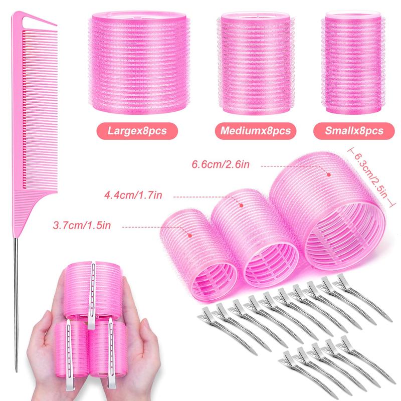 Rollers  Curlers, 42 count  Rollers Set with 24 count Self Grip  Rollers for Long Medium Short , 16 count Clips, Clear Toiletry Bag and Rat Tail Comb (Pink)