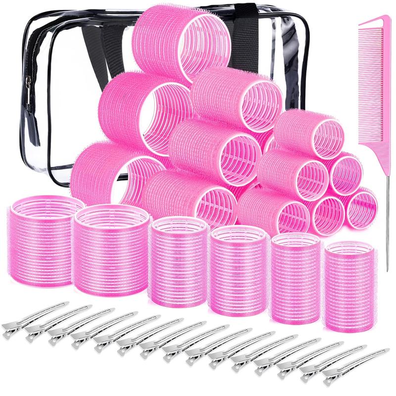 Rollers  Curlers, 42 count  Rollers Set with 24 count Self Grip  Rollers for Long Medium Short , 16 count Clips, Clear Toiletry Bag and Rat Tail Comb (Pink)