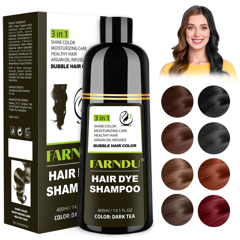 FARNDU-Hair Dye Shampoo(Buy 1 Get 7), Gray Hair Coverage, 3 in 1 (+Shampoo+Conditioner), Multiple Colors Available, 10 Mins Hair Color, Glossy and bright, For Men & Women, Long Lasting, Plant extracts, Fruity aroma Ammonia-Free Mild (400 mL)-Dark Tea