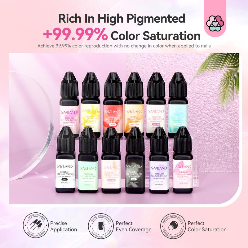 Saviland 12 Vitality Colors Airbrush Gel Nail Polish Set with Fine Mist for Color Spray - Nail Art Design Matte Nail Care