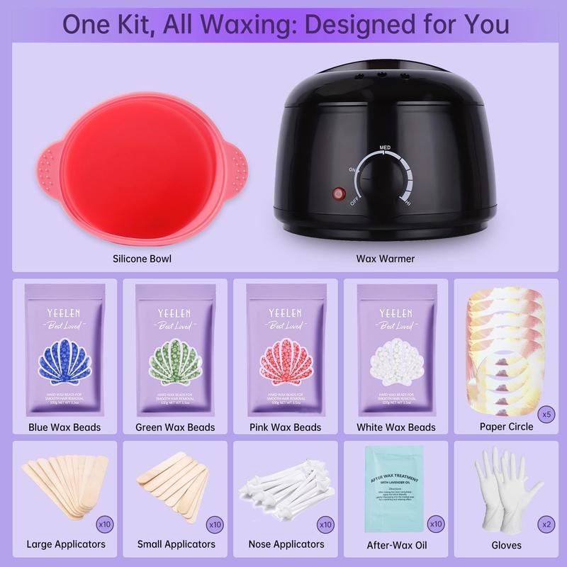 Hair Removal Waxing Kit, 1 Wax Warmer & 4 Wax Beans & 20 Wooden Stick & 10 Nose Hair Cleaning Stick & 1 Bowl & 1 Pair Gloves & 5 Protective Ring & 10 Pads, Christmas Gift, Stocking Fillers