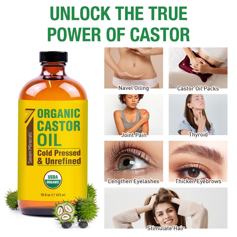 Glass Bottle Castor Oil Organic Cold Pressed Unrefined Seven Minerals 16 fl oz - 100% Pure USDA Certified Organic Hexane Free Body Care Cosmetic