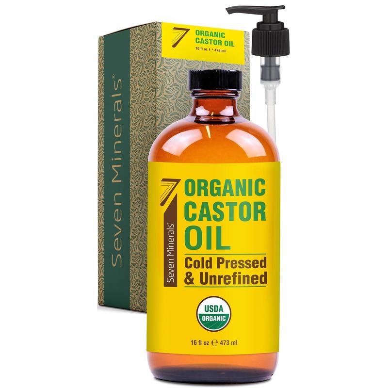 Glass Bottle Castor Oil Organic Cold Pressed Unrefined Seven Minerals 16 fl oz - 100% Pure USDA Certified Organic Hexane Free Body Care Cosmetic